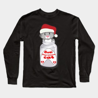 Antidepressant Cat Wearing Christmas Hat Long Sleeve T-Shirt